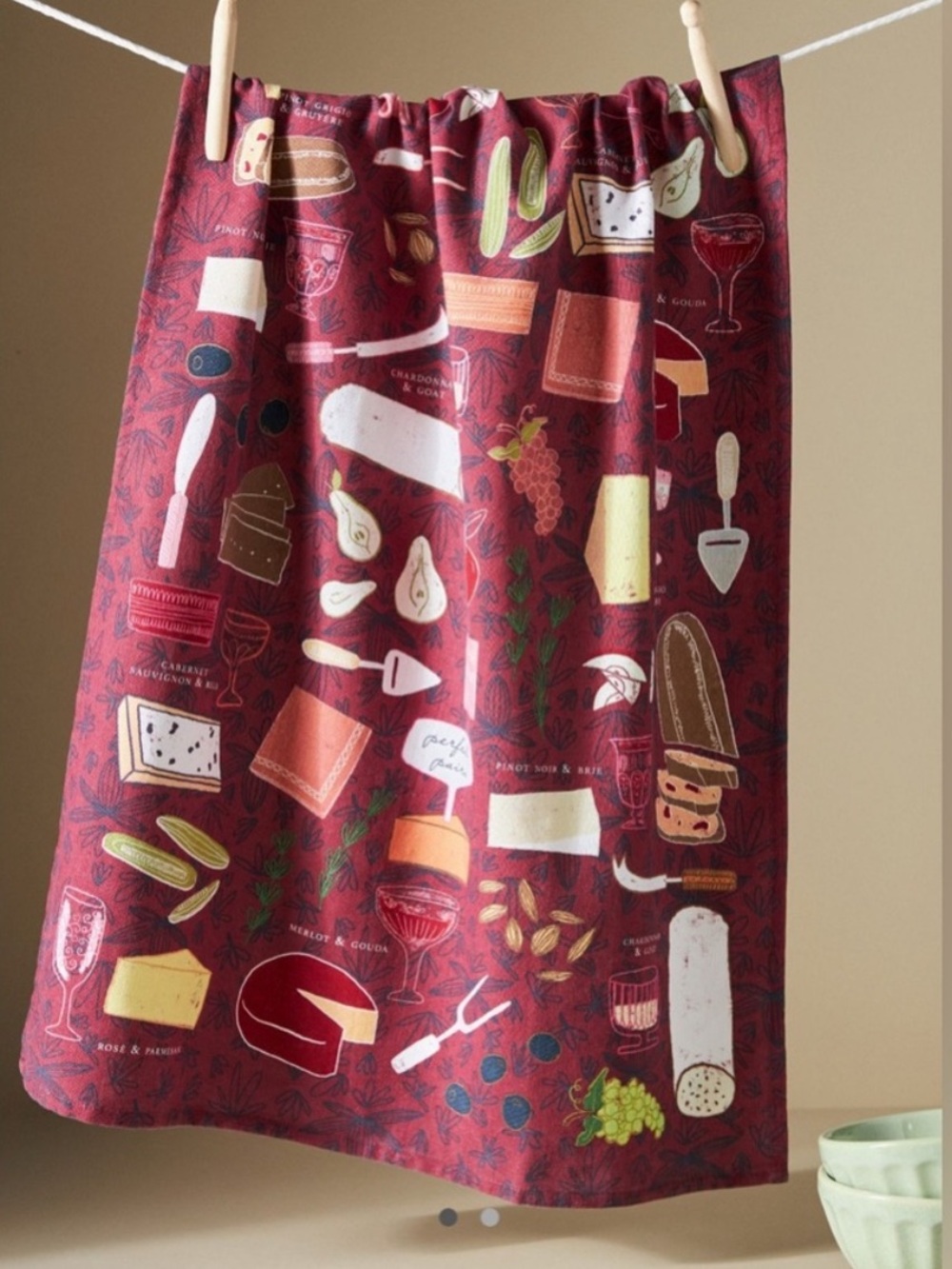 Anthropologie Dish Tea Decorative Towel Charcuterie Wine Cheese Merlot Print - Picture 1 of 5